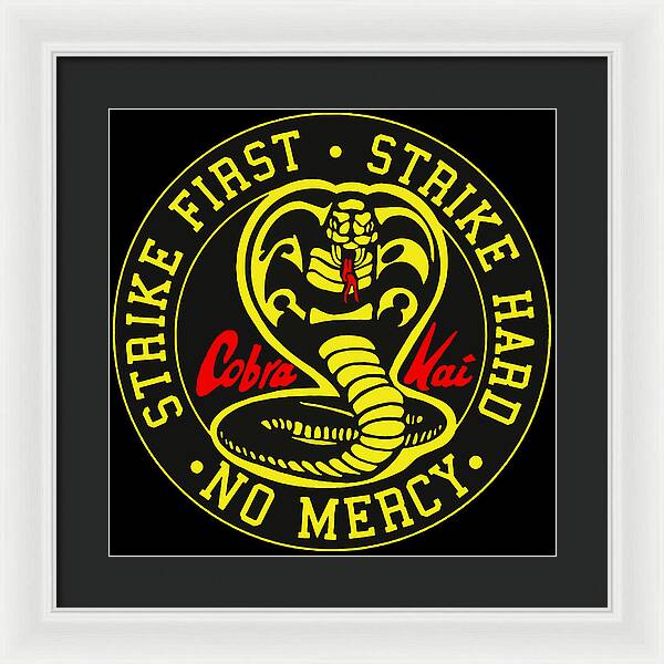 Framed wall print with white frame and dark mat, circular Cobra Kai emblem on black