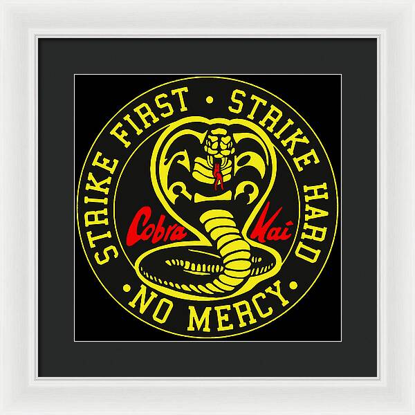 Framed wall print with white frame and dark mat, circular Cobra Kai emblem on black
