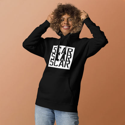 Black unisex hoodie with large white SCAR logo, hood with drawstrings visible