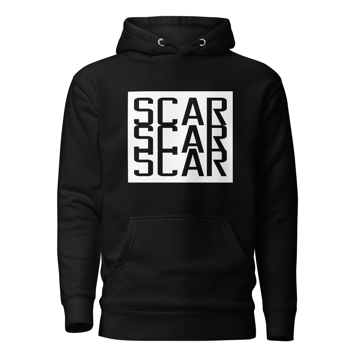 Black unisex hoodie with large white SCAR logo on front, hood and kangaroo pocket