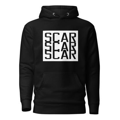 Black unisex hoodie with large white SCAR logo on front, hood and kangaroo pocket