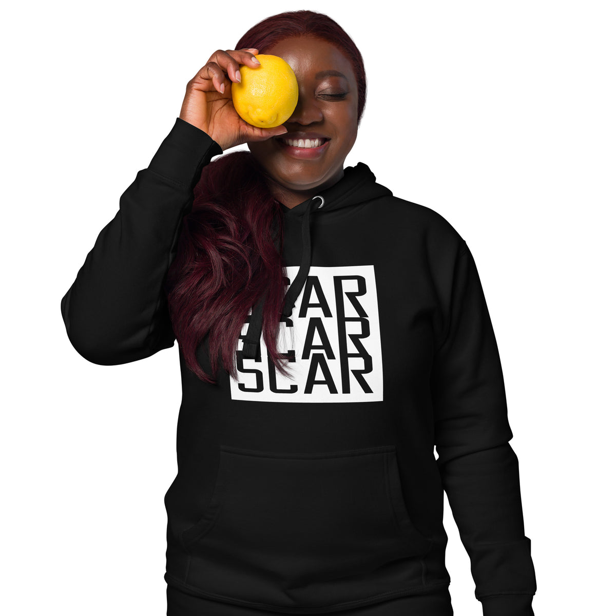 Black unisex hoodie with large white SCAR logo, hood with drawstrings visible