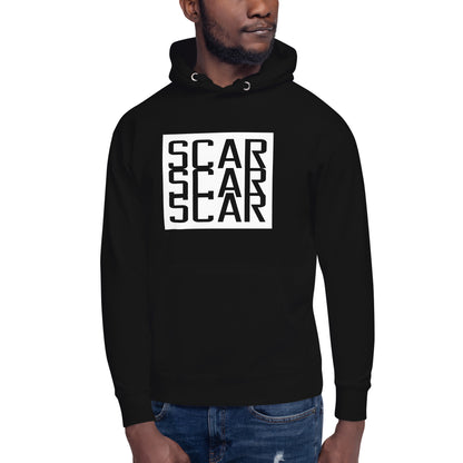 Black unisex hoodie with large white SCAR logo on front, hooded neckline and front pocket