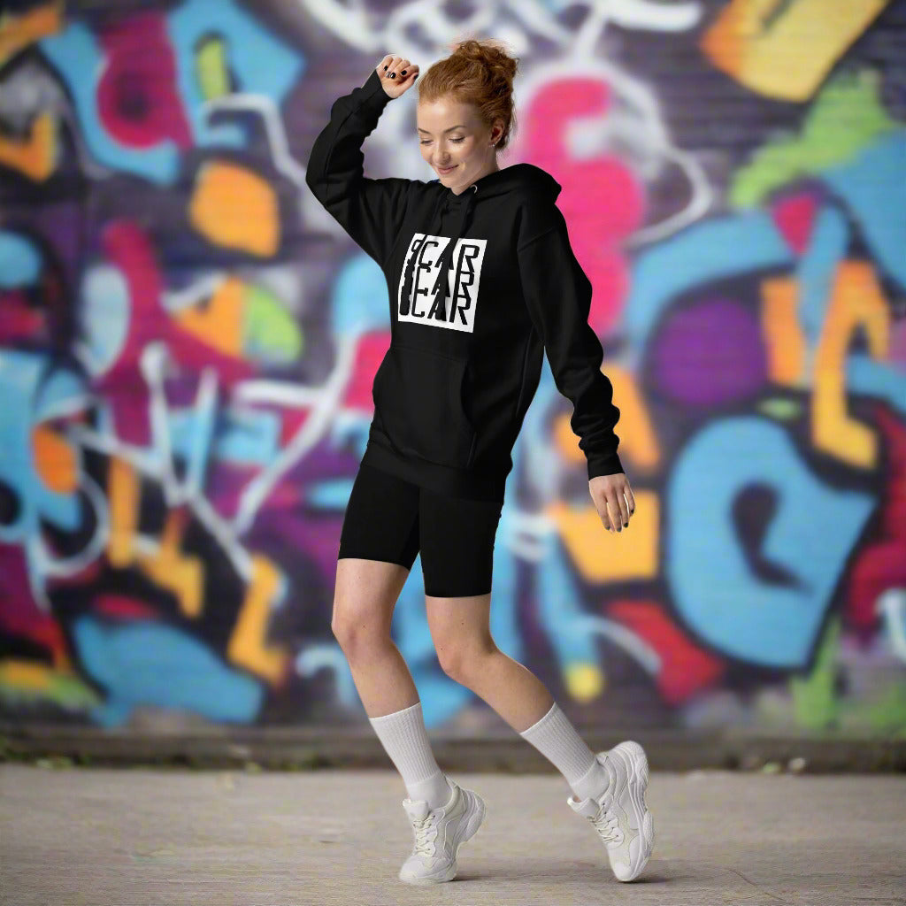 Black unisex hoodie with large white SCAR logo, hood and kangaroo pocket, worn with shorts
