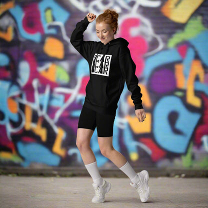 Black unisex hoodie with large white SCAR logo, hood and kangaroo pocket, worn with shorts