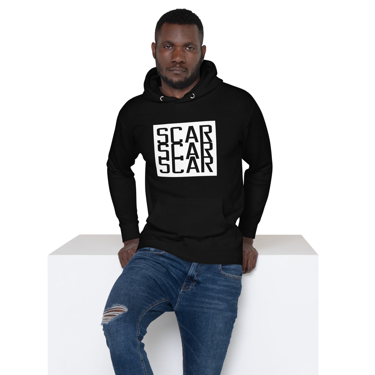 Black unisex hoodie with hood and large SCAR STAR chest graphic