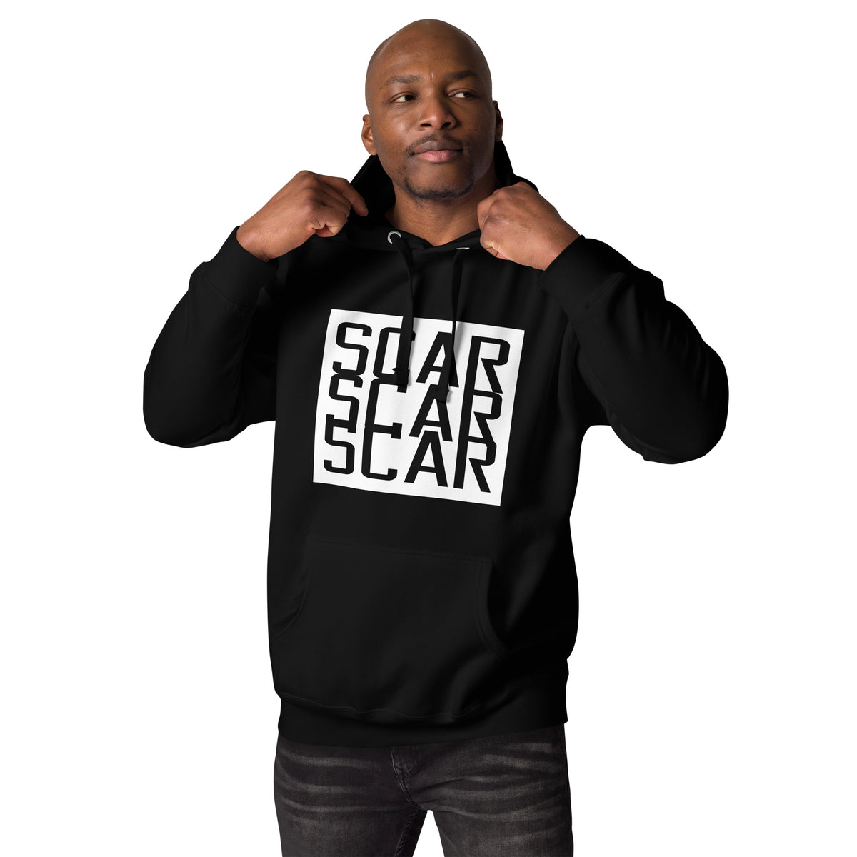 Black unisex hoodie with large white SCAR logo on front, hood and kangaroo pocket