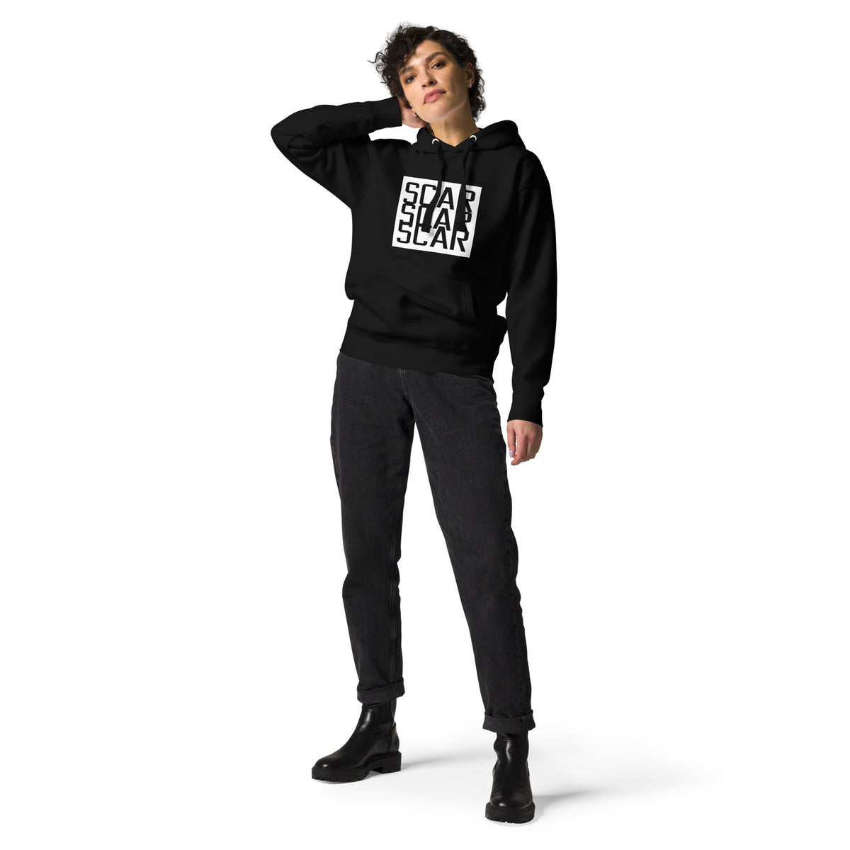 Black unisex hoodie with large front SCAR STAR graphic, hood and drawstring ties