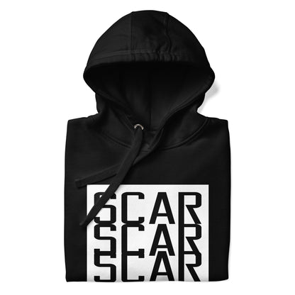 Black hoodie close view with white SCAR logo on chest, hood and drawstring
