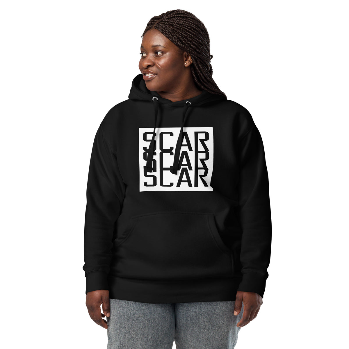 Black unisex hoodie with hood and large SCAR STAR logo on the chest