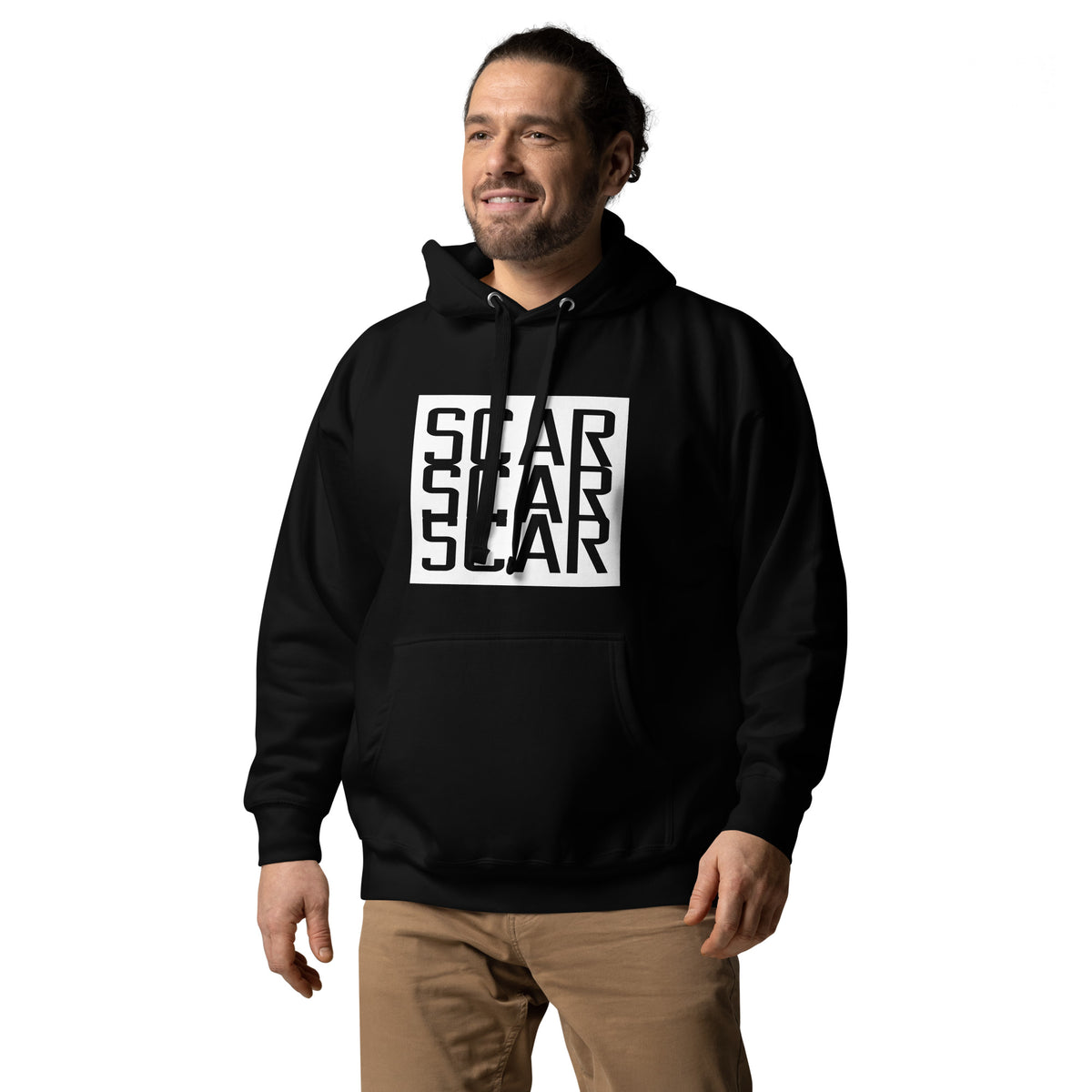 Black unisex pullover hoodie with large white SCAR logo on front, front pouch pocket
