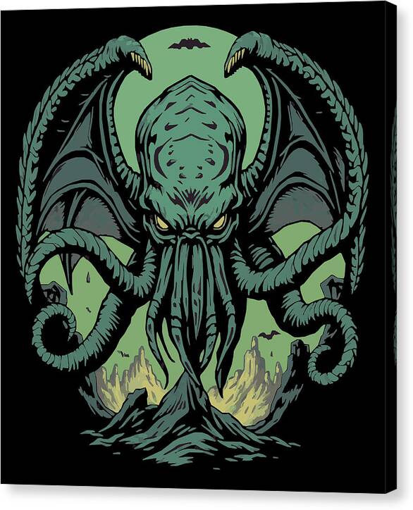 Green tentacled demon canvas print with bat wings and clawed arms