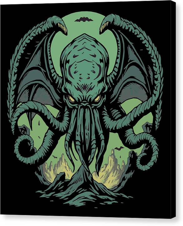 Green tentacled demon with wings and raised claws, dark canvas print artwork