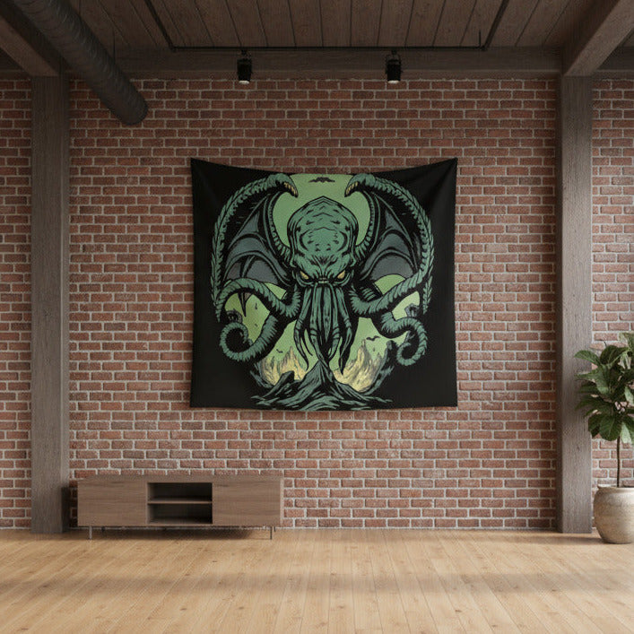 Demon fantasy wall tapestry featuring a teal cephalopod creature on black background