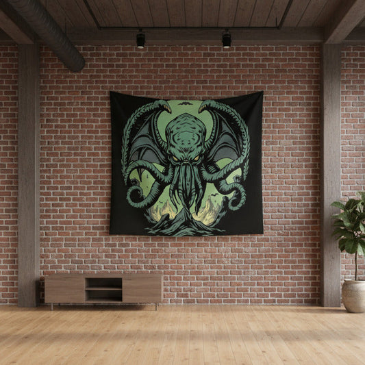 Demon fantasy wall tapestry featuring a teal cephalopod creature on black background