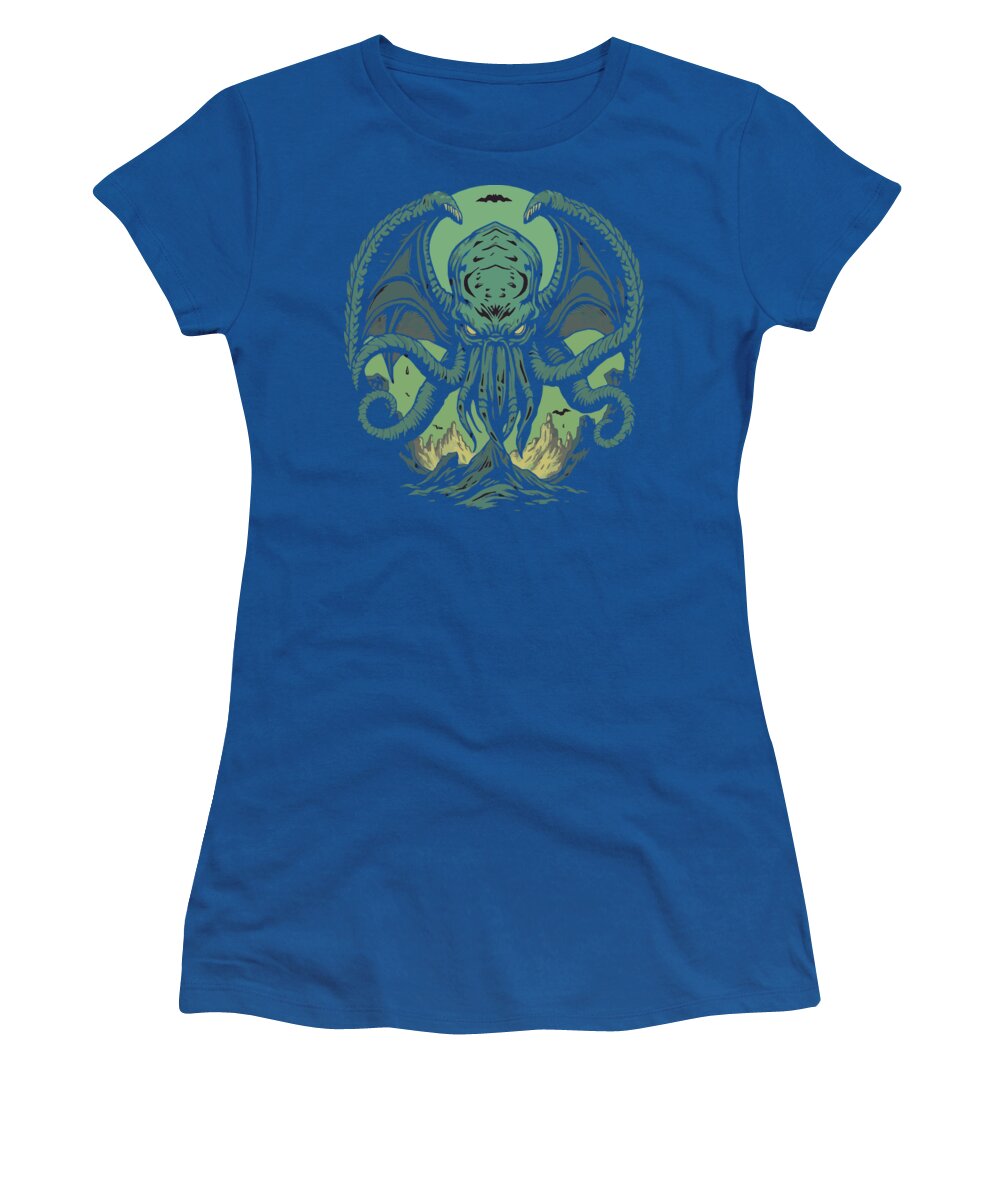 Royal blue women's t-shirt with green Cthulhu demon graphic on the front