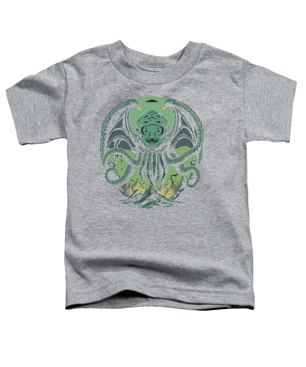 Heather gray women's relaxed t-shirt with green Cthulhu-style demon front graphic.