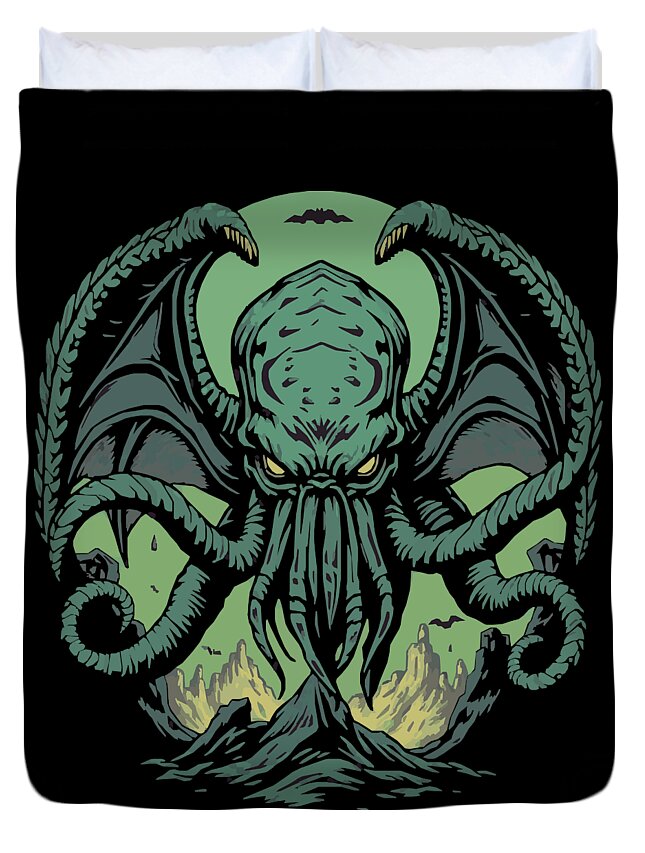 Cthulhu Demon duvet cover with centered green tentacled monster on black fabric