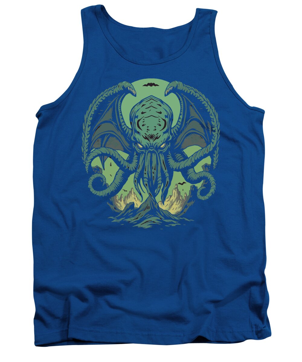 Royal blue demon tank top with teal tentacle creature graphic at center chest