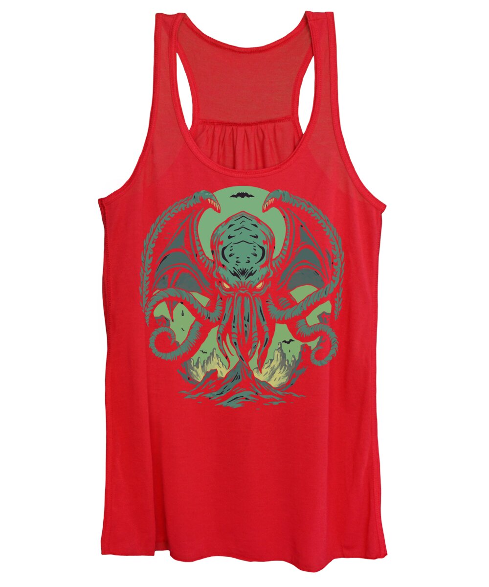 Women's tank top, red with green and yellow tentacled monster graphic front