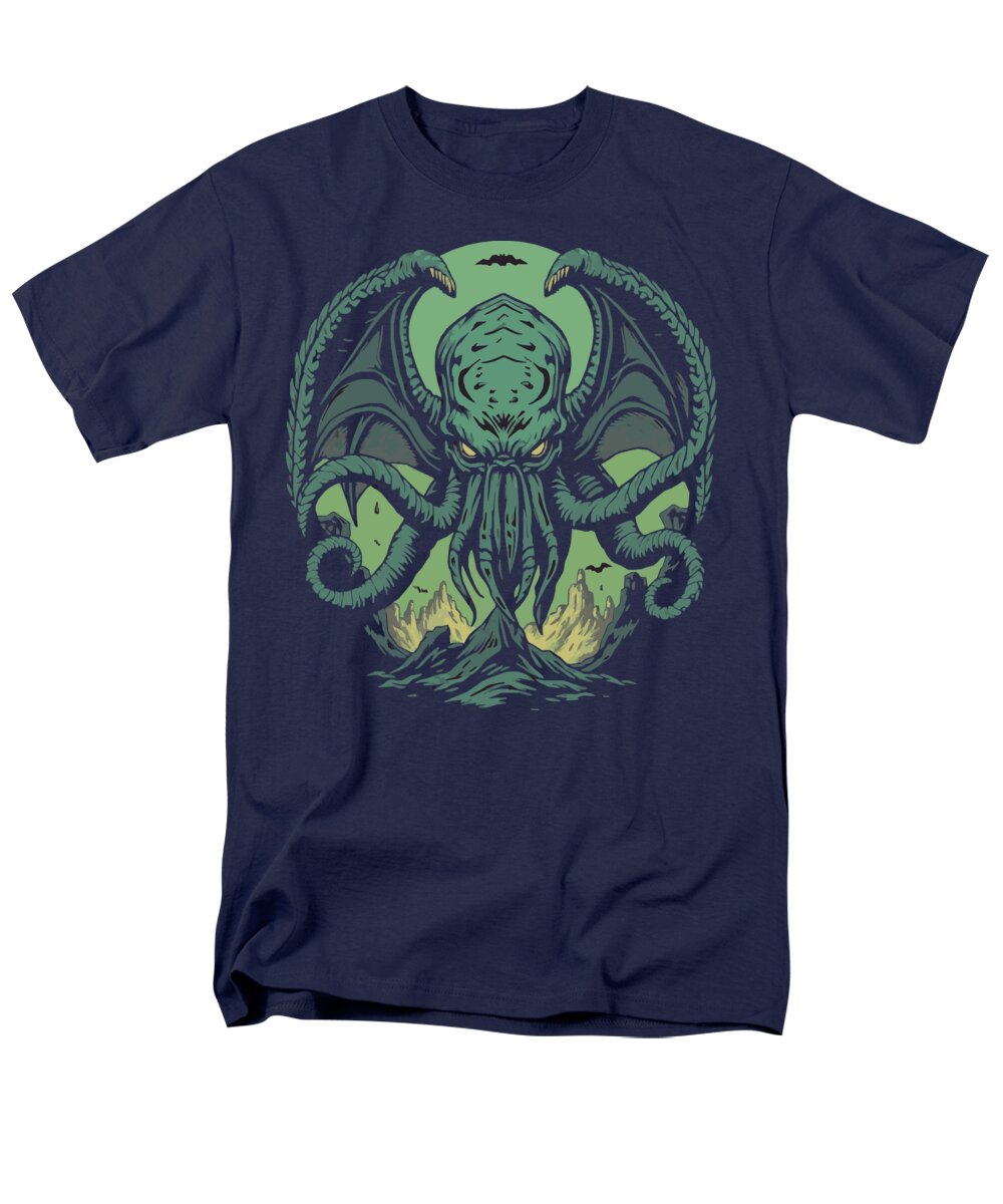 Navy men’s t-shirt with green tentacled monster graphic centered on chest.
