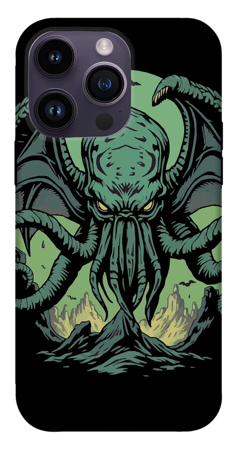 Phone case with green tentacled demon artwork and gray back camera lens openings