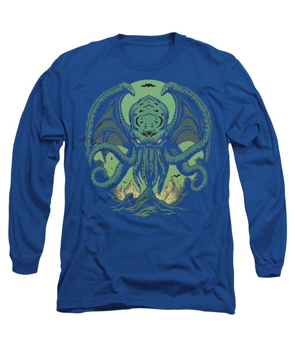 Royal blue long sleeve T-shirt with neon green monster face and tentacle graphic