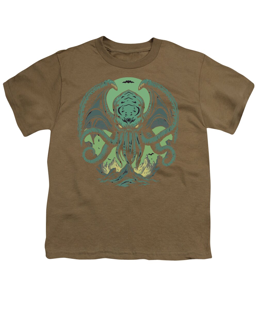 Youth T-shirt in brown with teal sea monster graphic