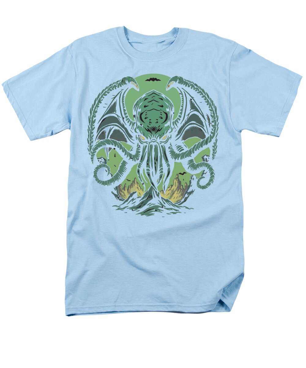 Light blue men’s t-shirt with green tentacled monster graphic centered on chest.