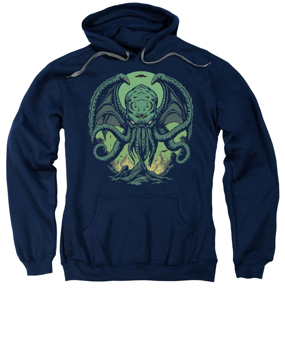 Navy demon graphic pullover sweatshirt with green chest illustration and hood.