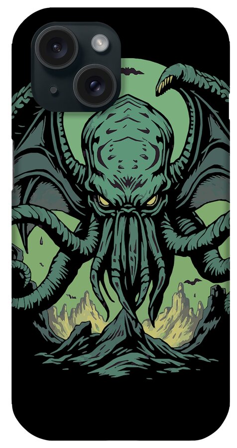 Phone case with teal demon head and tentacles, black border, camera cutouts on back