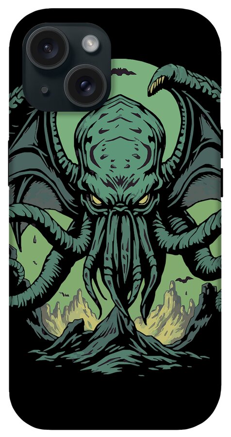Phone case with teal Cthulhu-style creature illustration, black frame, rear camera lenses