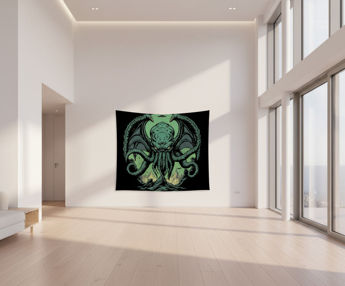 Demon fantasy tapestry, teal cephalopod creature motif on black, square wall hanging