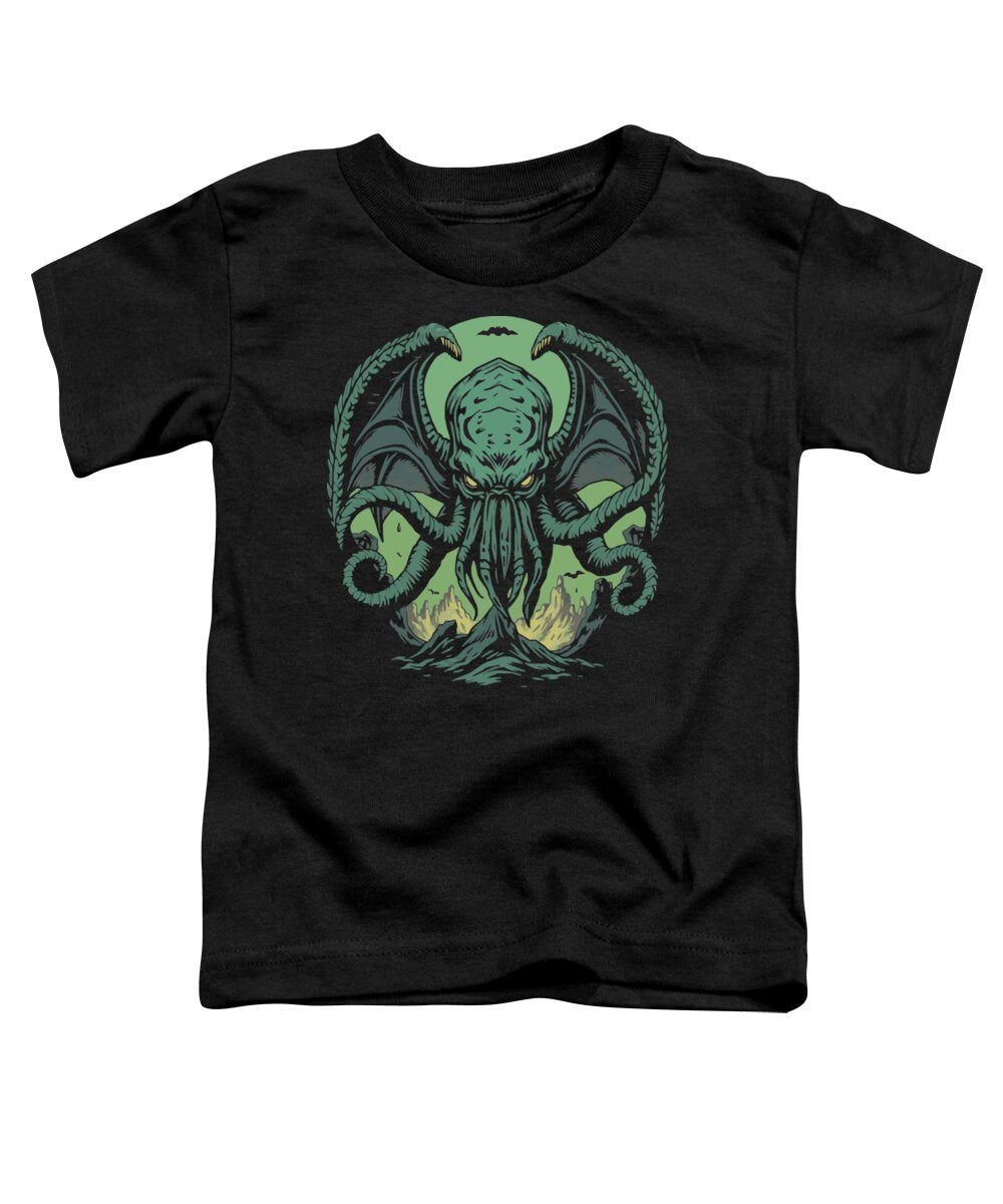 Black women's relaxed t-shirt with green Cthulhu-style demon front graphic.