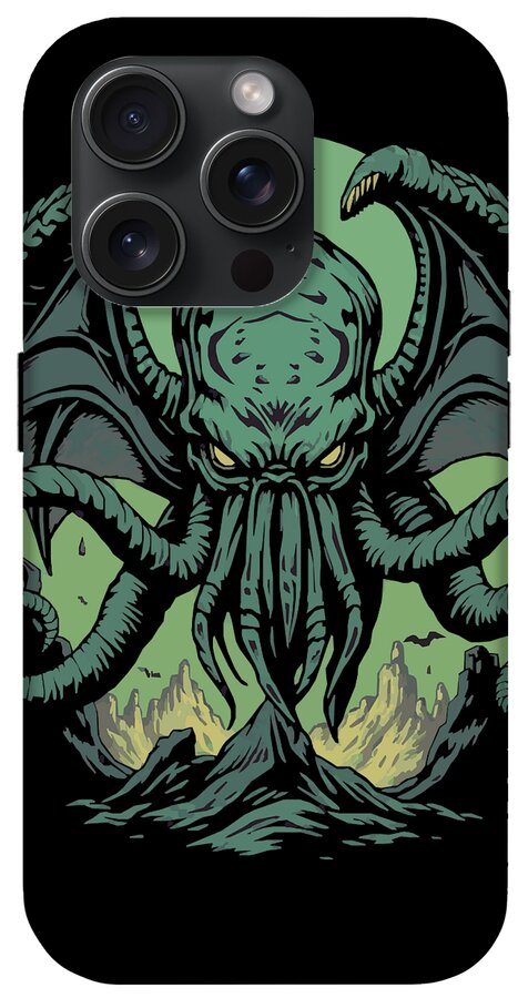 Phone case with teal monstrous tentacles and eyes, black border, camera openings