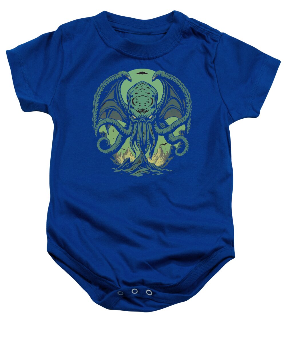 Blue baby onesie with green octopus-style demon graphic, short sleeves and snap legs