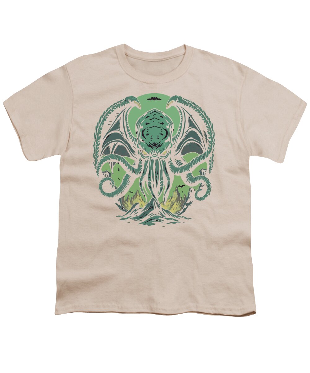 Cream youth graphic t-shirt with green tentacled demon face and wings print