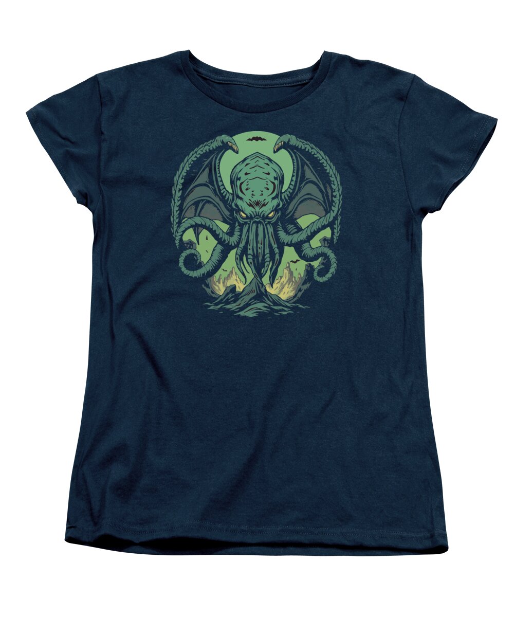 Navy women’s graphic t-shirt with green tentacled demon face front print