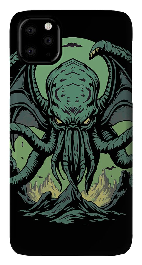 Black phone case with teal octopus-demon graphic and camera cutouts