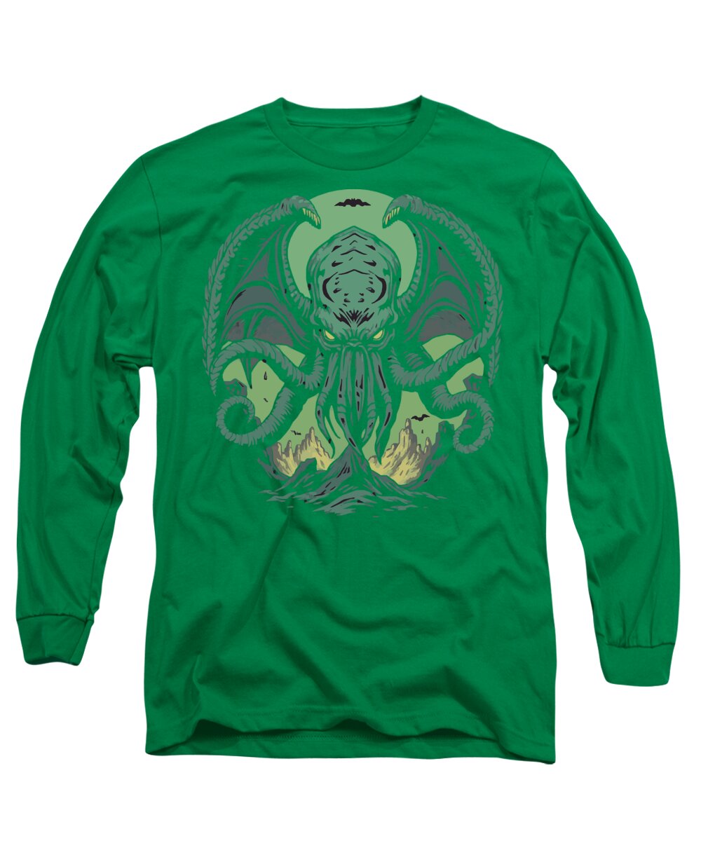 Green long sleeve T-shirt with neon green monster face and tentacle graphic