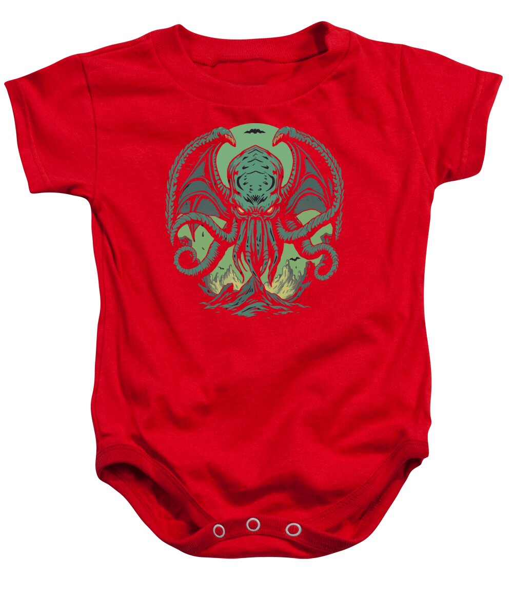 Red baby onesie bodysuit with green tentacled demon graphic on center chest