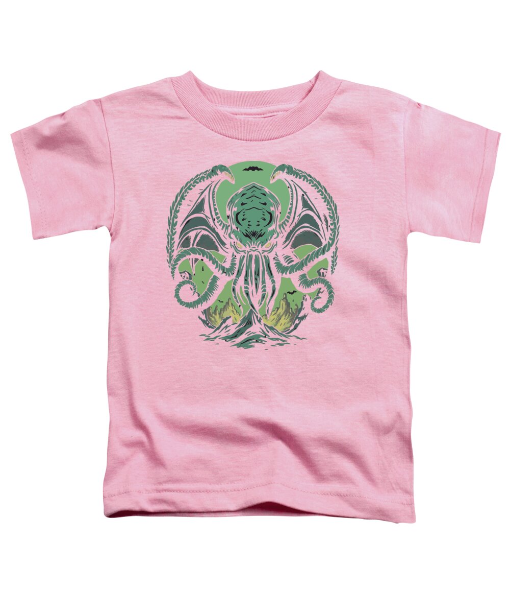 Pink women's relaxed t-shirt with green Cthulhu-style demon front graphic.