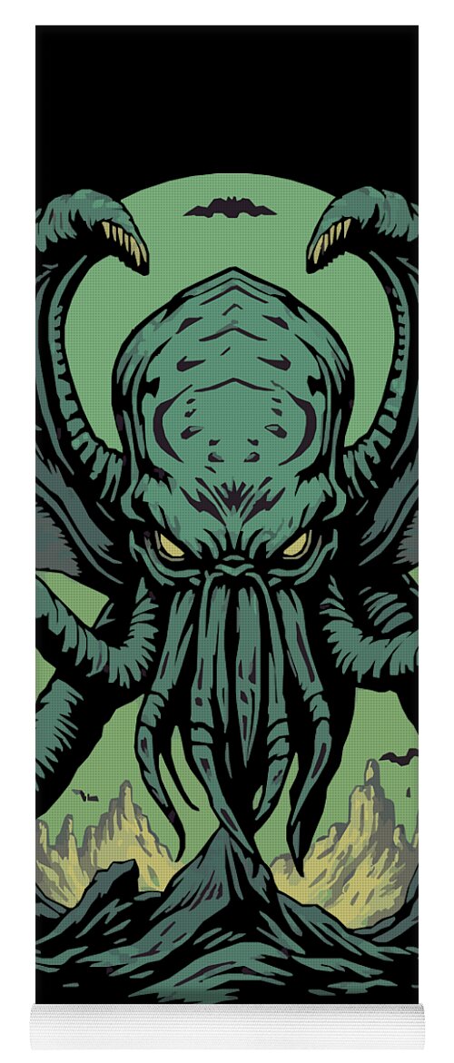 Yoga mat with green and black Cthulhu demon tentacle graphic, centered face