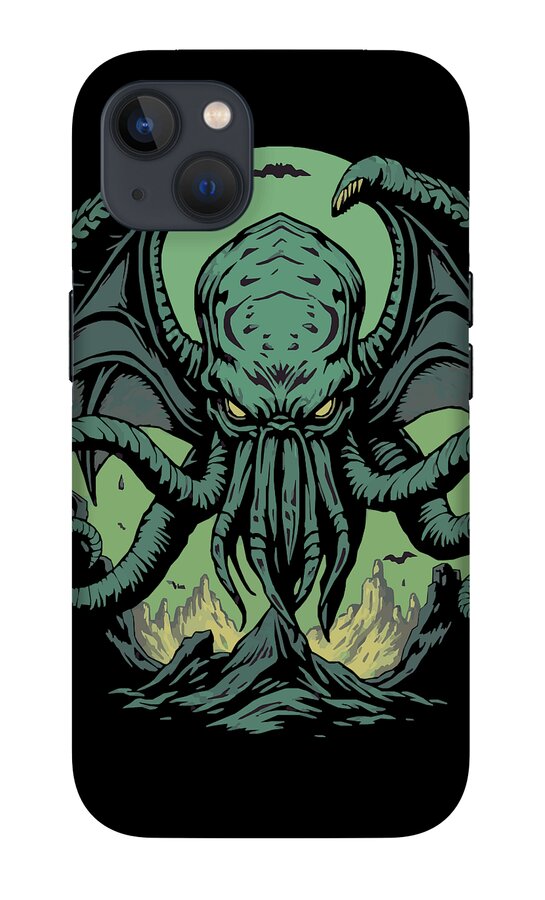 Black iPhone case with teal Cthulhu demon illustration, tentacles spread, clawed wings shown.
