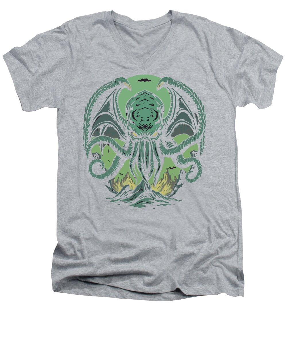 Men's V-neck T-shirt, heather gray, with teal tentacled Cthulhu graphic