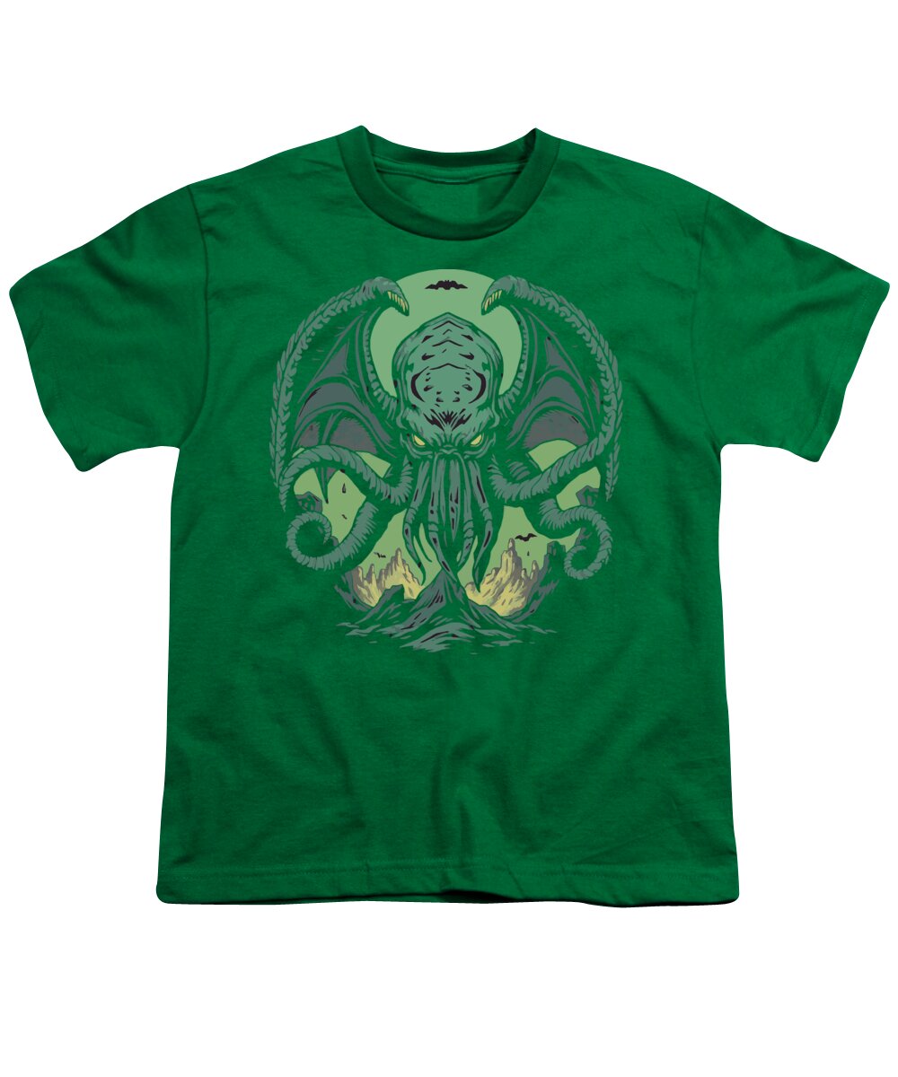 Green youth graphic t-shirt with green tentacled demon face and wings print