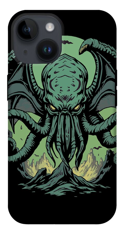 Phone case with green tentacled demon artwork and visible back camera openings