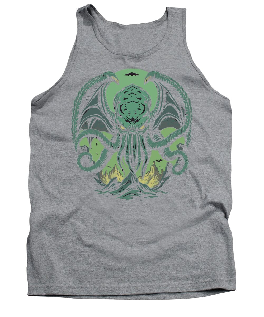 Heather gray demon tank top with teal tentacle creature graphic at center chest