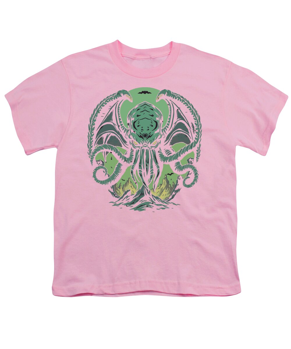 Youth T-shirt in pink with green sea monster graphic
