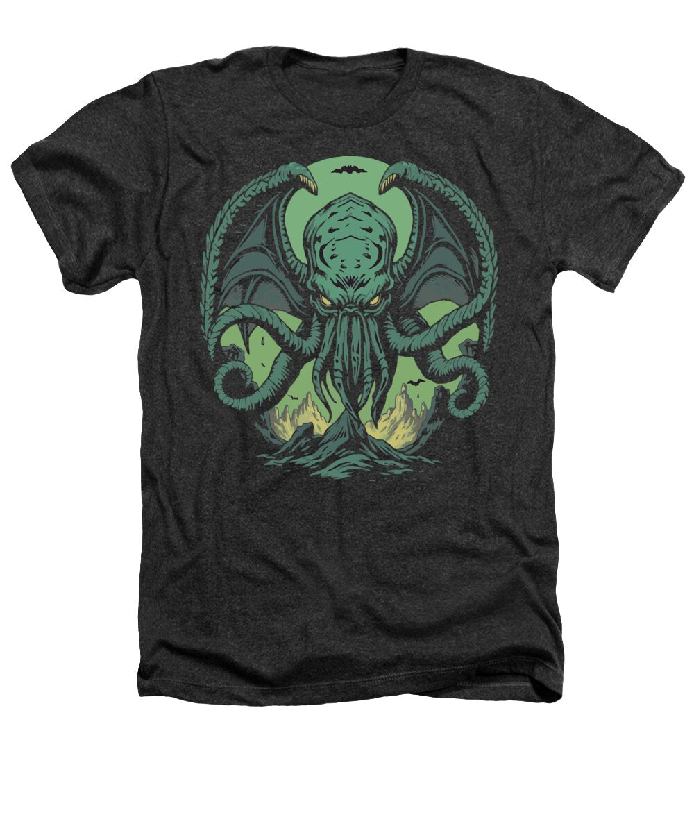 Charcoal heather T-shirt with green Cthulhu-style demon graphic on front